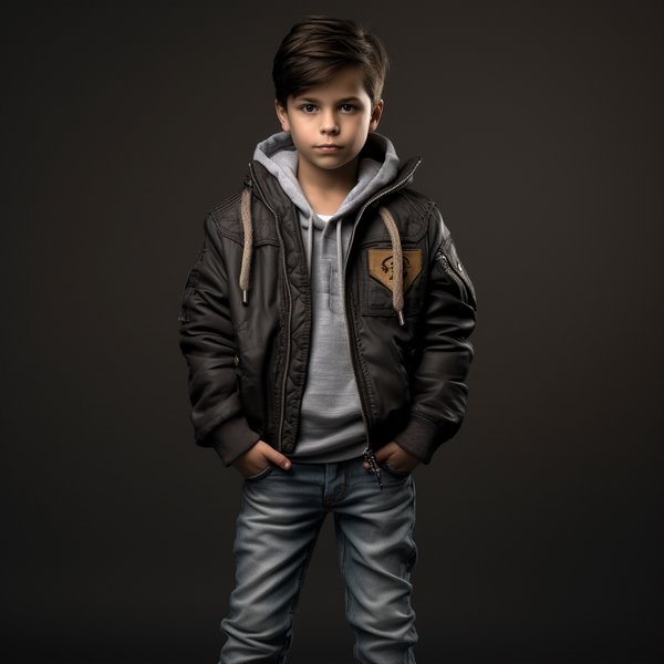 Мальчик 10 лет в темно-сером пиджаке и джинсах